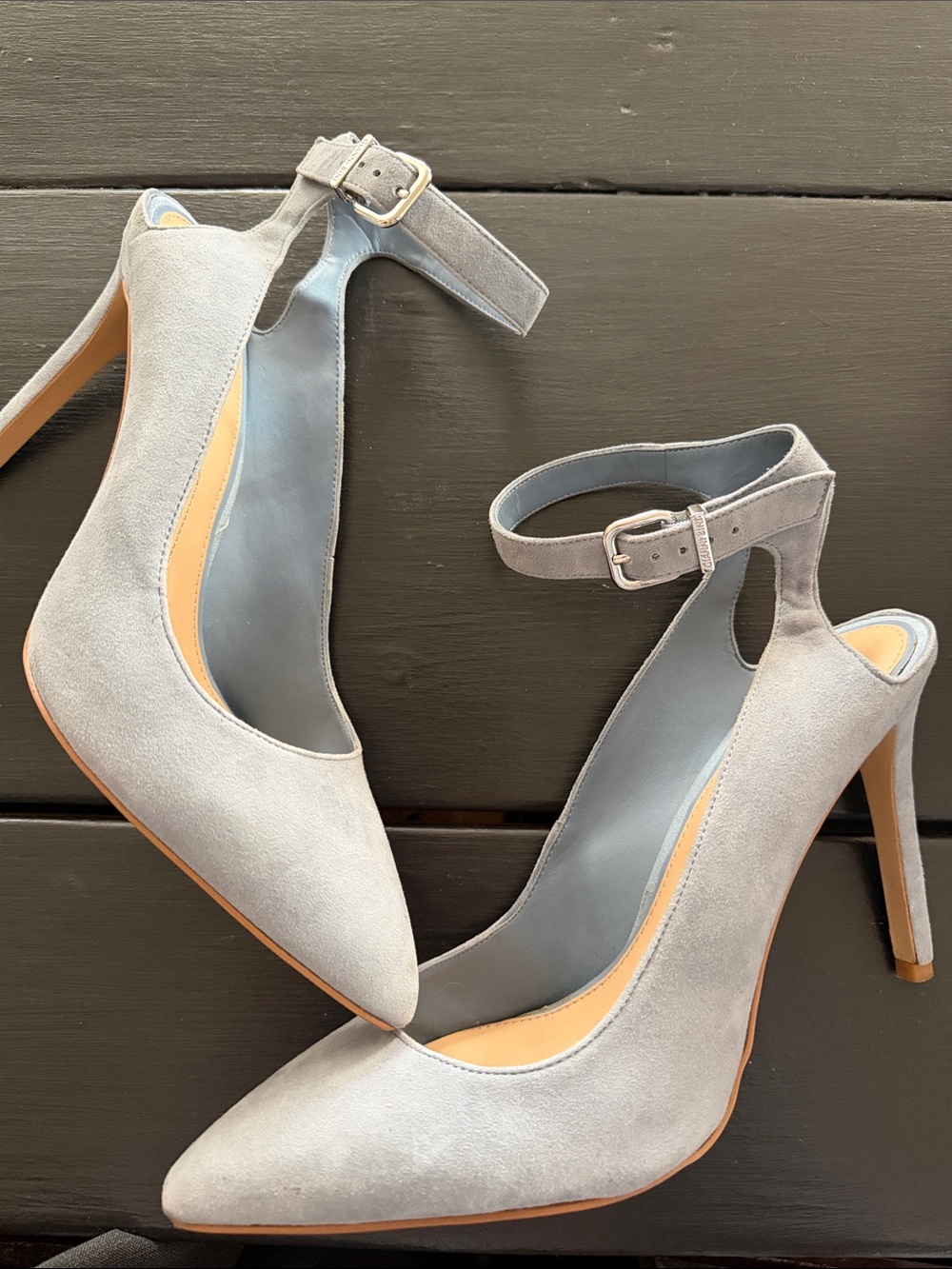 Gianni Bini Light Blue Gray Suede Pointed-Toe Ankle-Strap Heels - Picture 2 of 7